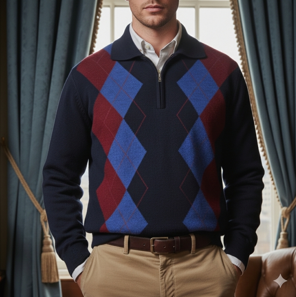Everman L Vintage Old Money Argyle Eclectic Grandpa Quarter Zip Wool Sweater
